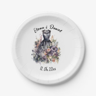 Watercolor pink roses name black dress wedding paper plate
