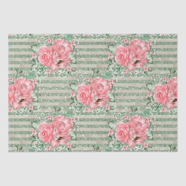 Watercolor Pink Roses on Green Glitter Stripes Tissue Paper (Front)