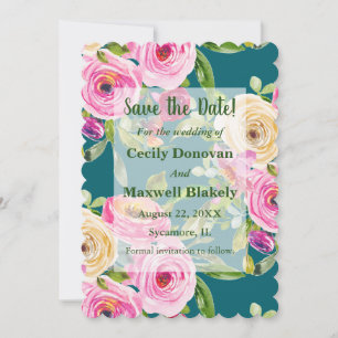 Watercolor Pink Roses on Teal Save the Date Invitation