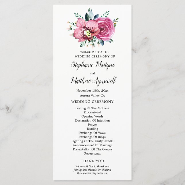 Watercolor Pink Roses Orchids Wedding Ceremony Programme (Front)
