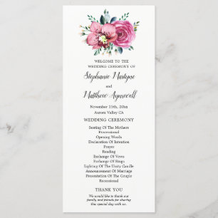 Watercolor Pink Roses Orchids Wedding Ceremony Programme