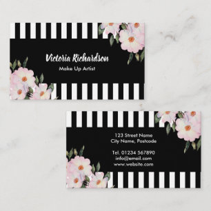 Watercolor Pink Roses Painting Black White Stripes Business Card