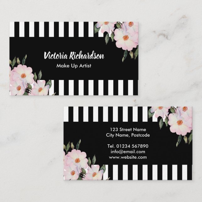 Watercolor Pink Roses Painting Black White Stripes Business Card (Front/Back)