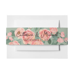 Watercolor Pink Roses Sage Green Invitation Belly Band