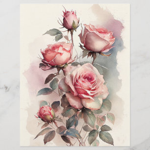 Watercolor Pink Roses Scrapbook Paper