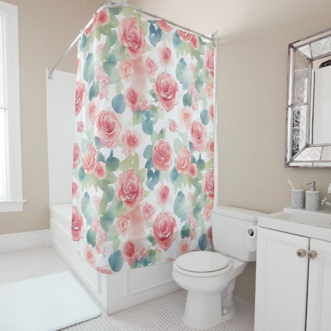Watercolor Pink Roses Shower Curtain (In Situ)