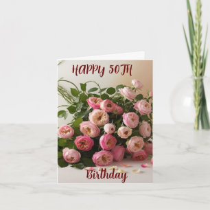 Watercolor Pink Roses Spring Bouquet 50th Card