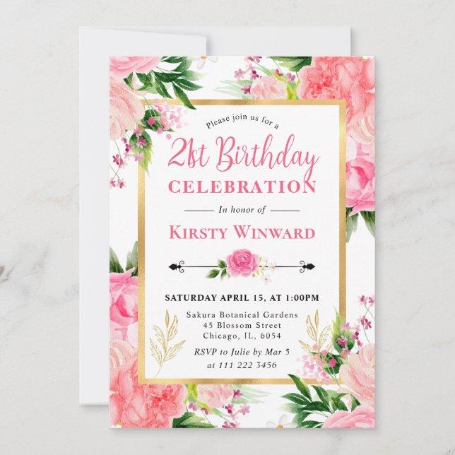 Watercolor Pink Roses Summer Flowers 21st Birthday Invitation (Front)