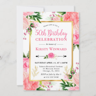 Watercolor Pink Roses Summer Flowers 50th Birthday Invitation
