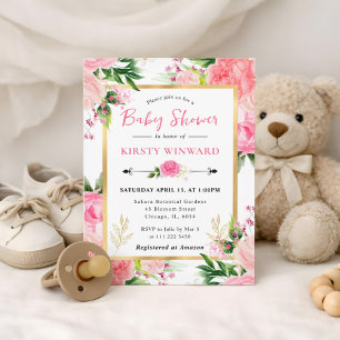 Watercolor Pink Roses Summer Flowers Baby Shower Invitation