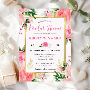 Watercolor Pink Roses Summer Flowers Bridal Shower Invitation