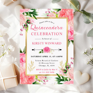 Watercolor Pink Roses Summer Flowers Quinceanera Invitation