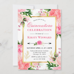 Watercolor Pink Roses Summer Flowers Quinceanera Invitation