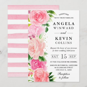 Watercolor Pink Roses Summer Flowers Wedding Invitation