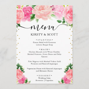 Watercolor Pink Roses Summer Flowers Wedding Menu