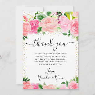 Watercolor Pink Roses Summer Flowers Wedding Thank You Card