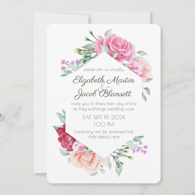 Watercolor Pink Roses & Violets Virtual Wedding Invitation (Front)