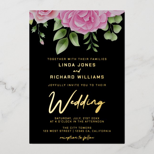Watercolor Pink Roses Wedding Foil Invitation (Front)