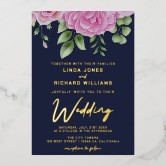 Watercolor Pink Roses Wedding Foil Invitation