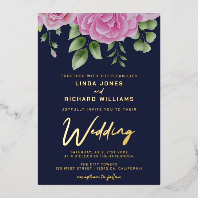 Watercolor Pink Roses Wedding Foil Invitation (Front)