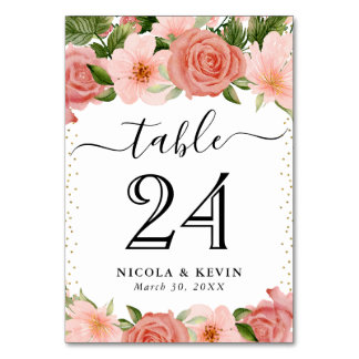 Watercolor Pink Roses Wedding Table Number