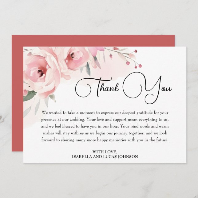 Watercolor Pink Roses Wedding  Thank You Card (Front/Back)