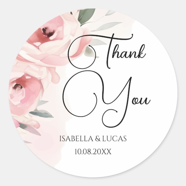 Watercolor Pink Roses Wedding Thank You Classic Round Sticker (Front)