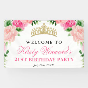 Watercolor Pink Roses Welcome Birthday Party Banner