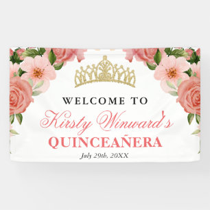 Watercolor Pink Roses Welcome Quinceanera Banner