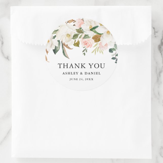 Watercolor Pink Roses White Magnolias Wedding Classic Round Sticker (Bag)