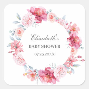 Watercolor Pink Roses Wildflower Boho Baby Shower Square Sticker