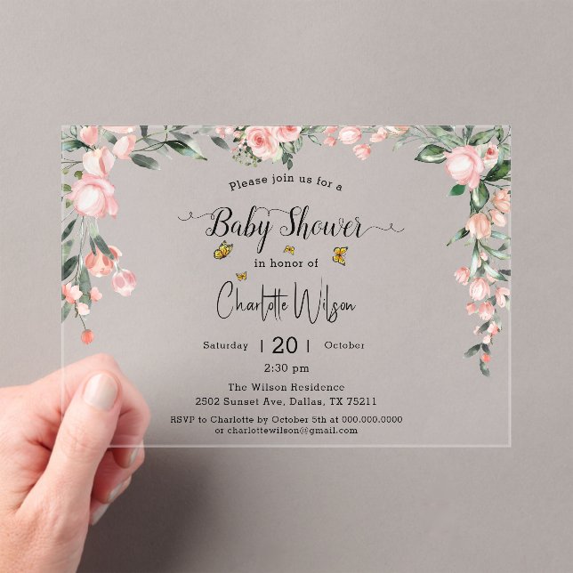 Watercolor Pink Roses with Butterflies Baby Shower Acrylic Invitations (Insitu (Handheld))