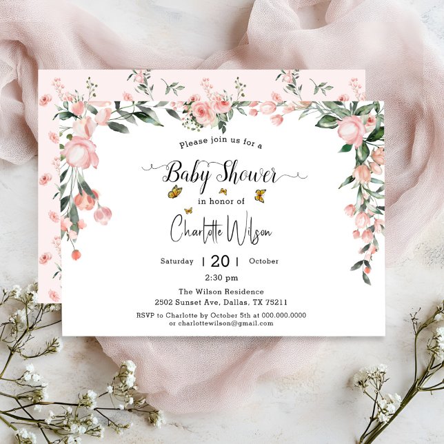 Watercolor Pink Roses with Butterflies Baby Shower Invitation (Creator Uploaded)