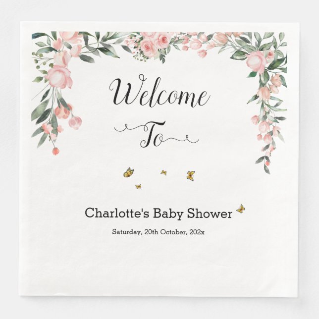 Watercolor Pink Roses with Butterflies Baby Shower Napkin (Front)