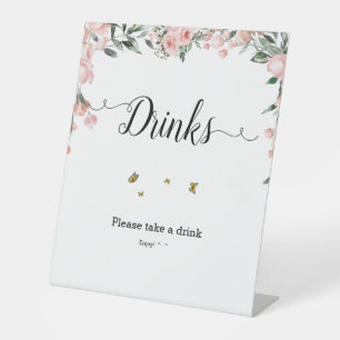 Watercolor Pink Roses with Butterflies Drinks Pedestal Sign