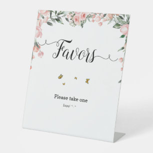 Watercolor Pink Roses with Butterflies Favours Pedestal Sign