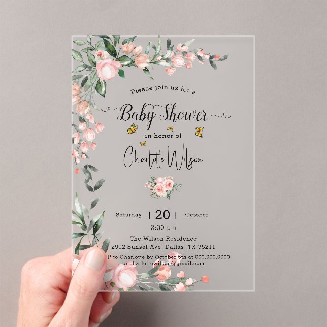 Watercolor Pink Roses with Butterfly Baby Shower Acrylic Invitations (Insitu (Handheld))