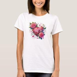 Watercolor pink roses wreath red heart Best Mom T-Shirt