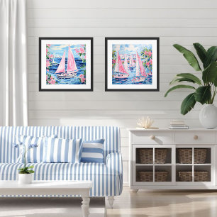 Watercolor Pink Sailboat Coastal Blue Square Poster