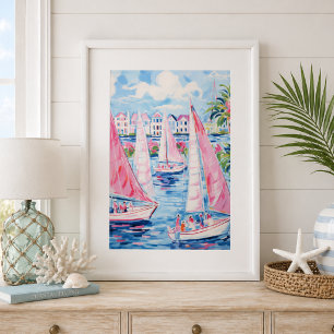 Watercolor Pink Sailboats Tropical Coastal  Poster