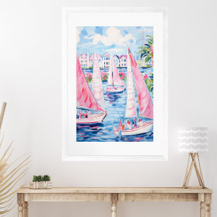 Watercolor Pink Sailboats Tropical Coastal  Poster
