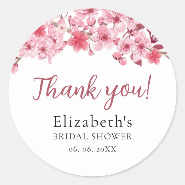 Watercolor Pink Sakura Flowers, Bridal Shower Classic Round Sticker (Front)