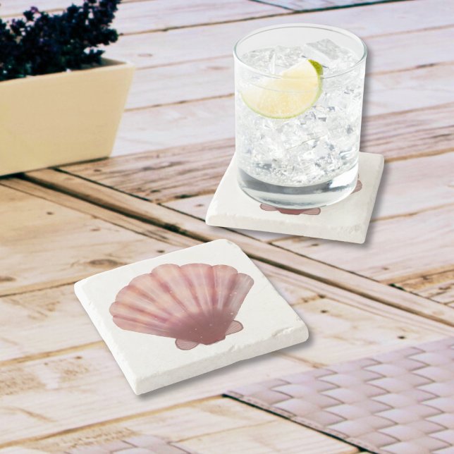 Watercolor Pink Scalloped Seashell Stone Coaster (Watercolor Pink Scalloped Seashell Stone Coaster)