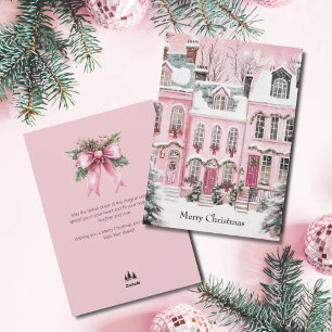 Watercolor Pink Script Village Non Photo Christmas Holiday Card