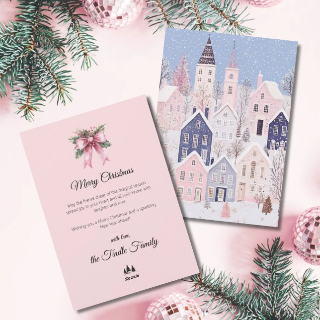 Watercolor Pink Script Village Non Photo Christmas Holiday Card (Winter Christmas Pink Village)
