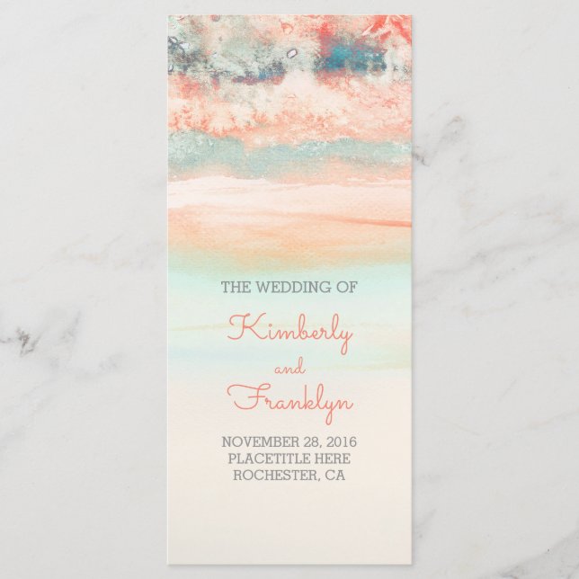 Watercolor Pink - Sea Blue Beach Wedding Programs Programme (Front)