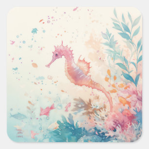Watercolor Pink Seahorse and Vibrant Coral Reef Square Sticker