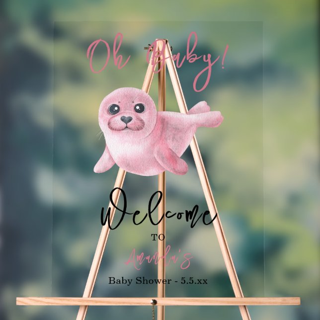 Watercolor Pink Seal Baby Shower Acrylic Sign (Neutral)