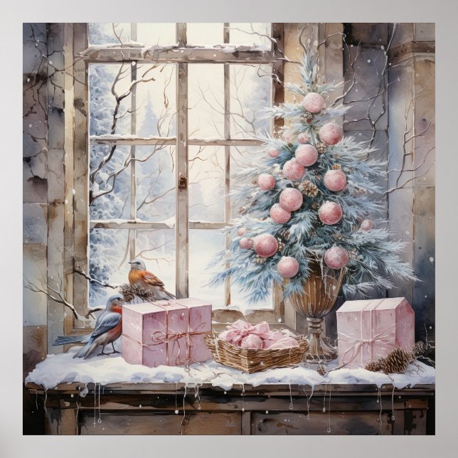 Watercolor Pink Shabby Chic Christmas Poster (Front)