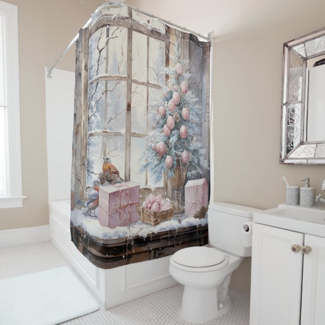 Watercolor Pink Shabby Chic Christmas  Shower Curtain (In Situ)